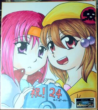 2girls aine_(hoshi_wo_miru_hito) art_tools_in_frame beret blue_scarf brown_hair buttons closed_mouth collared_jacket eraser eyelashes fingernails frown fur_scarf grey_sleeves hair_between_eyes hair_bobbles hair_ornament hairband happy hat hat_ornament heads_together high_collar hood hood_down hooded_jacket hoshi_wo_miru_hito jacket layered_sleeves long_hair long_sleeves misa_(hoshi_wo_miru_hito) multiple_girls open_mouth orange_hairband photo_(medium) pink_hair purple_eyes red_eyes scarf sharing short_hair short_over_long_sleeves short_sleeves smile tareme teeth toroshan traditional_media upper_body upper_teeth_only white_jacket yellow_hat yellow_jacket