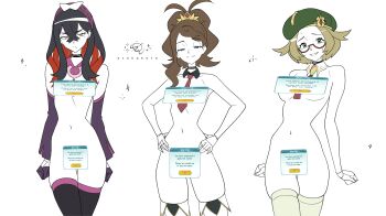 3girls absurdres antenna_hair beret bianca_(champion)_(pokemon) bianca_(pokemon) black_choker black_thighhighs blonde_hair breasts brown_hair carmine_(pokemon) carmine_(sygna_suit)_(pokemon) censored choker closed_mouth colored_inner_hair commentary detached_collar detached_sleeves eyelashes glasses gloves green_eyes green_hat grin hair_behind_ear hair_between_eyes half-closed_eyes hands_on_own_hips hat highres hilda_(champion)_(pokemon) hilda_(pokemon) multicolored_hair multiple_girls navel necktie nintendo novelty_censor nude official_alternate_costume otokakoto pokemon pokemon_masters_ex raised_inner_eyebrows red_necktie semi-rimless_eyewear single_sidelock smile sparkle split_mouth thighhighs white_background yellow_eyes