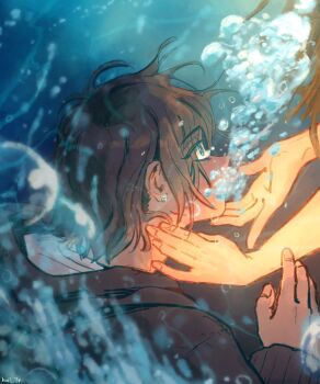 2girls air_bubble black_hair black_hoodie blue_eyes brown_hair bubble commentary earrings english_commentary hailerp hand_on_another&#039;s_chin highres hood hood_down hoodie jewelry long_hair miyagi_shiori multiple_girls sendai_hazuki shuuniichido_classmate_wo_kau_hanashi underwater