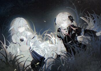 Rule 34 | 2girls, bare shoulders, coat, detached sleeves, dress, dual persona, expressionless, flower, grass, grey hair, hair flower, hair ornament, heterochromia, highres, isekaijoucho, kamitsubaki studio, long hair, looking at another, multicolored hair, multiple girls, night, red hair, short hair, sky, star (sky), starry sky, tall grass, two-tone hair, yu wyan