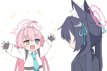 2girls ahoge animal_ears aqua_necktie arms_up black_gloves blue_archive blue_eyes blush_stickers cat_ears commentary_request fingerless_gloves gloves halo happy_aura heterochromia highres hoshino_(blue_archive) huge_ahoge long_hair long_sleeves lucky_star multiple_girls necktie open_mouth outstretched_arms parody pink_hair pink_halo scene_reference school_uniform serika_(blue_archive) shirt simple_background smile spread_arms takamalu08_12 upper_body white_background white_shirt yellow_eyes