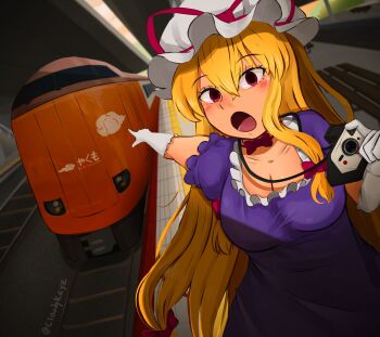 1girl :o artist_name bench blonde_hair bow breasts camera cloudykeyz commentary digital_camera dress english_commentary foreshortening gloves hair_between_eyes hat highres holding holding_camera indoors large_breasts long_hair looking_at_viewer meme mob_cap name_connection pointing pointing_backward purple_dress red_eyes ribbon solo tactile_paving tile_floor tiles touhou train train_station train_station_platform twitter_username two_soyjaks_pointing_(meme) white_gloves yakumo_yukari