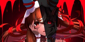 1girl absurdres ahoge animal_ears bow bridal_gauntlets character_name ear_ribbon haibarasaika hair_between_eyes hair_ribbon hands_on_own_face highres long_hair looking_at_viewer multicolored_hair parted_lips red_eyes red_ribbon ribbon smile solo split_screen still_in_love_(umamusume) umamusume veil very_long_hair white_bridal_gauntlets white_hair white_veil