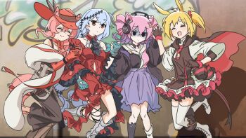 4girls :d ^_^ absurdres animal_ears anime_coloring arknights ascot bare_shoulders black_ascot black_eyes black_shirt blonde_hair bocchi_the_rock! bolo_tie boots brown_cape brown_gloves brown_skirt brown_vest cape chinese_commentary closed_eyes closed_mouth collared_shirt commentary_request dress ears_through_headwear elbow_gloves emoji emoji_hair_ornament expressionless facing_viewer frilled_sleeves frills fur_(clothing) gloom_(expression) gloves green_gloves grey_hair group_picture hair_between_eyes hair_ornament hat heart heart_hair_ornament heidi_(arknights) highres holding_hands interlocked_fingers jumping knee_boots long_hair long_sleeves looking_at_viewer multiple_girls open_mouth parody pink_cape pink_hair purple_skirt red_dress red_eyes red_gloves red_hat sailor_collar scene_reference shadow shirt short_hair skadi_(arknights) skadi_the_corrupting_heart_(arknights) skirt smile sora_(arknights) teslan thigh_strap thighhighs two-sided_cape two-sided_fabric u-official_(arknights) vest white_boots white_sailor_collar white_shirt white_thighhighs