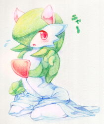 Rule 34 | animal ears, blush, cat ears, colored skin, creatures (company), dress, flying sweatdrops, game freak, gardevoir, gen 3 pokemon, hair over one eye, highres, looking at viewer, multicolored skin, nintendo, parted lips, paw pose, pink eyes, pokemon, pokemon (creature), simple background, traditional media, two-tone skin, white dress, white skin, yu yun