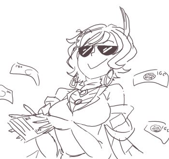 1girl breasts citrinne_(fire_emblem) cleavage davewaterfalls earrings fire_emblem fire_emblem_engage hoop_earrings jewelry money nintendo short_hair sketch solo sunglasses