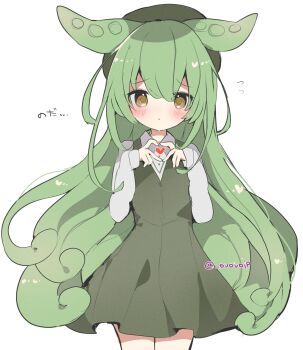 1girl :o animal_ears blush brown_eyes collared_shirt commentary_request cowboy_shot dress flat_chest green_dress green_hair green_hat grey_shirt hair_between_eyes hands_up hat heart heart_hands heart_in_heart_hands highres long_hair long_sleeves looking_at_viewer ojou-sama_zundamon parted_lips raised_eyebrows shirasuame_shiromaru shirt shirt_under_dress simple_background sleeves_past_wrists solo standing straight-on translation_request twitter_username very_long_hair voicevox white_background wing_collar zundamon