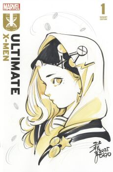 1girl 2025 beanie copyright_logo copyright_name cover_sketch hair_ornament hairclip hat highres hood hood_up lightning_bolt_symbol logo long_hair looking_at_viewer looking_to_the_side marvel maystorm_(marvel) peach_momoko portrait profile sailor_collar sketch solo spot_color white_background x-men yellow_eyes