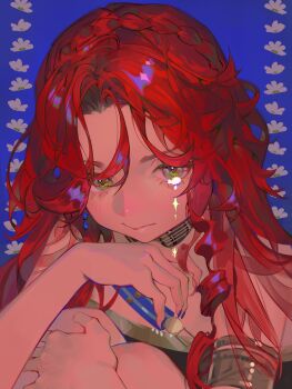 1girl :&gt; absurdres armlet bare_shoulders basu_(zhusanan) black_background black_dress dress floral_background flower gold_choker green_eyes hands_up highres hugging_own_legs jewelry knees_to_chest knees_up long_hair portrait red_hair reverse:1999 sleeveless sleeveless_dress solo sophia_(manus_vindictae)_(reverse:1999) sophia_(reverse:1999) sparkle tearing_up white_flower