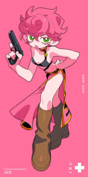 1girl bikini bikini_top_only black_bikini bright_pupils brown_footwear c73an choker copyright_name fingernails full_body green_eyes gun hair_between_eyes handgun highres holding holding_gun holding_weapon jojo_no_kimyou_na_bouken looking_at_viewer navel open_mouth pink_background pink_hair pink_skirt side_slit simple_background skirt solo swimsuit trish_una vento_aureo weapon white_pupils