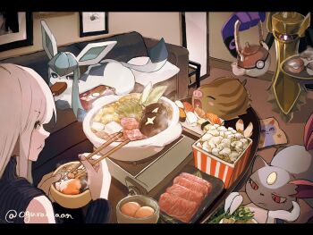 Rule 34 | 1girl, aegislash, chopsticks, commentary request, couch, eating, food, food in mouth, gen 2 pokemon, gen 4 pokemon, gen 6 pokemon, glaceon, heart, heart in mouth, holding, holding chopsticks, hotpot, indoors, kettle, letterboxed, long hair, meat, nintendo, oguraan, plate, pokemon, pokemon (creature), popcorn, popsicle, popsicle in mouth, sneasler, sushi, swinub, table, tray, twitter username, white hair