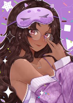 Rule 34 | 1girl, absurdres, ahoge, angrycomputer studio, blush, breasts, brown hair, cleavage, close-up, dark-skinned female, dark skin, finger to eyewear, fingernails, glasses, heart, heart-shaped pupils, heart ahoge, highres, horns, jewelry, long fingernails, looking at viewer, nail polish, necklace, original, purple background, purple nails, red eyes, round eyewear, sleep mask, smile, solo, symbol-shaped pupils