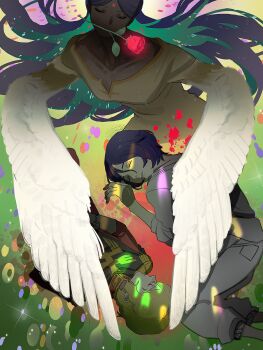 1girl 2boys bindi blonde_hair blood blood_splatter blue_hair char_aznable closed_eyes colored_inner_hair dark-skinned_female dark_skin dress epaulettes flower flower_in_mouth green_hair gundam gundam_gquuuuuux harpy high_collar highres jacket lalah_sune long_sleeves military_jacket military_uniform mobile_suit_gundam monster_girl mrtoen multicolored_hair multiple_boys pants purple_hair red_flower red_jacket red_rose rose shirt short_hair shuji_ito white_shirt winged_arms wings yellow_dress