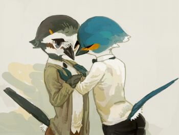 2girls bird_girl black_eyes black_feathers blue_feathers commentary_request cowboy_shot dressing_another feathers furry furry_female green_sweater grey_background multiple_girls nagabe original shirt solo sweater tail white_shirt