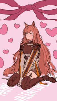 1girl animal_ears arknights between_legs blush boots bow brown_boots brown_dress brown_hair ceobe_(arknights) closed_eyes colt_(allyourvase0808) commentary_request dog_ears dog_girl dog_tail dot_nose dress full_body hand_between_legs heart long_hair long_sleeves material_growth oripathy_lesion_(arknights) pink_bow short_dress sitting sketch smile solo tail thigh_boots wariza