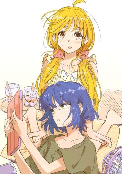 2girls ahoge blonde_hair blue_hair bocchi_the_rock! cup dress electric_fan frilled_dress frills gobou_(kkggbpn4g27) green_shirt highres holding holding_tablet_pc ice_cream_cup ijichi_nijika long_hair looking_at_viewer looking_to_the_side lying medium_hair multiple_girls orange_eyes pink_scrunchie plate scrunchie shirt simple_background sitting sweat tablet_pc upper_body wariza white_background white_dress yamada_ryo