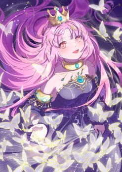 1girl absurdres armlet bare_shoulders beads black_background black_dress black_sleeves brown_eyes bug butterfly chinese_commentary choker commentary_request cowboy_shot crescent_print crown detached_sleeves dress eyelashes floating_hair gold_armlet gold_choker gold_crown gold_necklace hair_beads hair_ornament happy highres insect jewelry lace-trimmed_choker lace_trim light_blush light_particles lips long_dress long_hair long_sidelocks long_sleeves looking_at_viewer loose_hair_strand necklace nikki_(nikki) nikki_(series) open_mouth parted_bangs pink_hair pleated_dress pointy_nose print_dress sidelocks smile solo standing star_(symbol) star_print starry_sky_print strapless strapless_dress striped_clothes striped_dress vertical-striped_clothes vertical-striped_dress very_long_hair yexuanxin