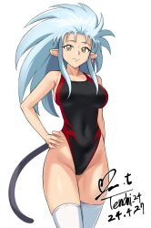 Rule 34 | 1girl, big hair, black one-piece swimsuit, blue hair, breasts, competition swimsuit, covered navel, dated, groin, highleg, highleg swimsuit, highres, large breasts, long hair, looking at viewer, one-piece swimsuit, ryouko (tenchi muyou!), signature, simple background, solo, spiked hair, swimsuit, tail, tenchi muyou!, thighhighs, twitter username, two-tone swimsuit, white background, white thighhighs, yellow eyes, yoo tenchi