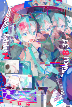1girl absurdres aqua_eyes aqua_hair aqua_necktie balloon black_sleeves character_name commentary_request dated detached_sleeves happy_birthday hatsune_miku highres looking_at_viewer miku39love3 necktie open_mouth smile sparkle thighhighs user_interface vocaloid