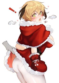 ! 1girl 1other absurdres ass blonde_hair breasts cape clothes_lift commentary disembodied_hand dress dress_lift english_commentary fate/grand_order fate_(series) gareth_(fate) green_eyes highres large_breasts lifting_another's_clothes looking_at_viewer panties panties_under_pantyhose pantyhose red_cape red_dress santa_cape santa_costume santa_dress short_hair simple_background underwear white_background white_pantyhose yotsutsu428