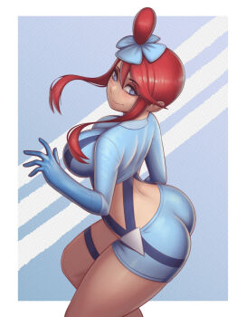 1girl ass blue_eyes breasts crop_top gloves large_breasts long_hair long_sleeves nintendo pokemon pokemon_bw red_hair skyla_(pokemon) suspenders thigh_strap vyor