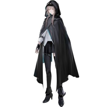 1girl ankle_boots arknights asymmetrical_legwear black_boots black_cloak black_gloves black_pantyhose black_skirt black_thighhighs boots brown_eyes brown_hair chuzenji cloak closed_mouth fingerless_gloves full_body gloves high_heel_boots high_heels hood hood_up hooded_cloak long_hair long_sleeves official_art pantyhose pleated_skirt rosella_(arknights) simple_background single_leg_pantyhose single_thighhigh skirt solo standing tachi-e thighhighs third-party_source transparent_background uneven_legwear