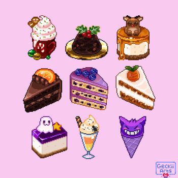 Rule 34 | blueberry, bug, cake, cake slice, candy, candy cane, carrot, carrot cake, character-themed food, chocolate cake, christmas, commentary, cup, drinking straw, english commentary, food, food focus, fruit, geckiiarts, gen 1 pokemon, gengar, ghost, gingerbread man, halloween, holly, hot chocolate, ice cream cone, milkshake, mug, nintendo, no humans, orange (fruit), orange slice, original, pixel art, pokemon, purple background, reindeer, simple background, spider, sprinkles, still life, tart (food), whipped cream