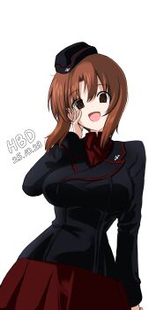 1girl absurdres aikir_(jml5160) black_jacket breasts brown_eyes brown_hair cross dated garrison_cap girls_und_panzer hand_on_own_face hat highres iron_cross jacket kuromorimine_military_uniform large_breasts military military_hat military_jacket military_uniform miniskirt nishizumi_miho open_mouth pleated_skirt red_shirt red_skirt shirt short_hair signature simple_background skirt solo white_background