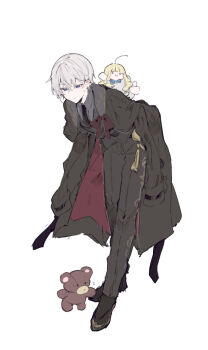 1boy black_jacket black_necktie black_pants black_shoes black_vest blue_eyes bow brown_bow character_request closed_mouth collared_shirt doll full_body grey_hair grey_shirt hair_between_eyes highres ikeuchi_tanuma jacket jacket_on_shoulders leaning_forward male_focus necktie original pants shirt shoes simple_background solo standing stuffed_animal stuffed_toy teddy_bear vest white_background