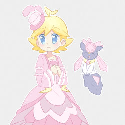 1boy ahoge akasaka_(qv92612) blonde_hair blue_eyes blush clemont_(pokemon) closed_mouth collarbone commentary_request cosplay crossdressing crossdressing_(mtf) diancie dress gen_6_pokemon grey_background hat highres hilda_(pokemon) hilda_(pokemon)_(cosplay) hilda_(special_costume)_(pokemon) legendary_pokemon long_sleeves male_focus mini_hat mythical_pokemon nintendo own_hands_together pink_dress pink_headwear pokemon pokemon_masters_ex pokemon_xy simple_background