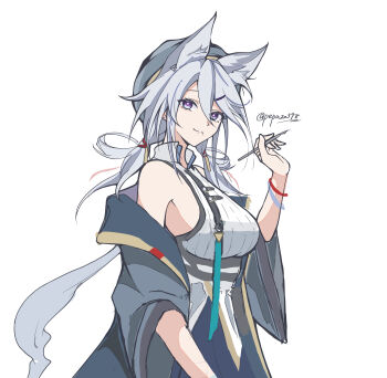 1girl absurdres animal_ears arknights bare_shoulders black_jacket closed_mouth commentary grey_hair grey_hat hair_between_eyes hair_ornament hairclip hand_up hat highres holding jacket long_hair looking_at_viewer mole mole_under_mouth nib_pen_(object) off_shoulder pen pepazo398 purple_eyes shirt simple_background sleeveless sleeveless_shirt smile solo split_mouth twitter_username white_background white_shirt xingzhu_(arknights)
