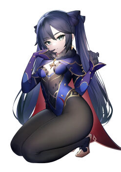1girl black_gloves black_hair black_pantyhose breasts capelet commentary earrings er_san_si from_side full_body fur-trimmed_capelet fur_trim genshin_impact gloves highres jewelry kneeling leotard long_hair looking_at_viewer mona_(genshin_impact) pantyhose purple_capelet purple_leotard single_earring small_breasts solo star_(symbol) star_earrings thighs twintails