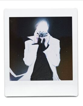 1boy black_hair black_shirt camera camera_flash censored censored_identity coat collared_shirt commentary cowboy_shot hands_up highres holding holding_camera kim_dokja male_focus omniscient_reader&#039;s_viewpoint open_clothes open_coat photo_(object) popped_collar shirt short_hair solo symbol-only_commentary taking_picture toupou39 white_coat