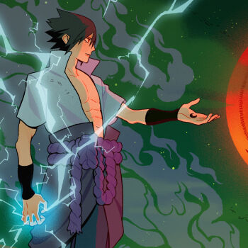 1boy black_hair chidori_(naruto) electricity highres japanese_clothes looking_to_the_side male_focus moon naruto_(series) naruto_shippuuden ninja open_clothes pants pectoral_cleavage pectorals profile purple_rope rope rope_belt sarakipin sharingan shirt spiked_hair steam uchiha_sasuke white_shirt