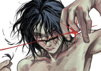 Rule 34 | 1boy, armpits, black hair, choso (jujutsu kaisen), closed mouth, commentary, cutting hair, cutting own hair, english commentary, facial mark, fingernails, hair undone, hemokinesis, highres, jujutsu kaisen, looking at viewer, male focus, short hair, solo, vah arina, white background