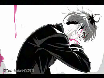 1boy blood blood_on_face blood_on_hands earrings from_side gakuran greyscale jacket jewelry last_defense_academy_school_uniform letterboxed looking_at_viewer male_focus monochrome multicolored_hair omokage_yugamu pink_blood roots_(hair) school_uniform short_hair solo spot_color sweat the_hundred_line_-last_defense_academy- twitter_username undercut wiping_mouth yoshihumi442313