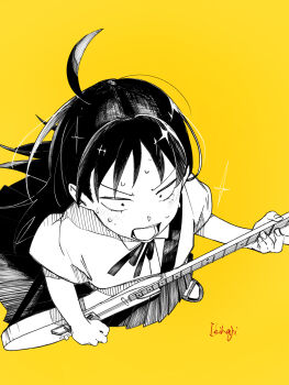 1girl :o ahoge artist_name collared_shirt commentary_request dress_shirt electric_guitar from_above futsuu_no_keion-bu greyscale_with_colored_background guitar guitar_strap hatono_chihiro highres holding holding_guitar holding_instrument ikihaji instrument neck_ribbon open_mouth pleated_skirt ribbon sandals school_uniform shirt short_sleeves skirt slides solo sparkle summer_uniform sweat v-shaped_eyebrows yellow_background