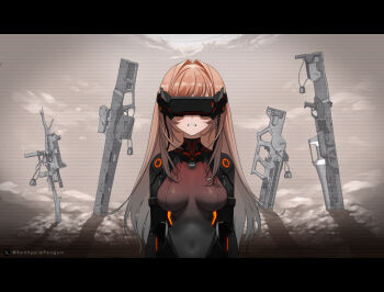 1girl armored_bodysuit assault_rifle black_bodysuit black_border bodysuit border breasts brown_background brown_hair clenched_teeth commentary covered_navel dog_tags english_commentary english_text facing_viewer goddess_of_victory:_nikke grave gun hair_intakes head-mounted_display letterboxed long_hair machine_gun medium_breasts numbered orange_trim partially_colored rapi_(mass_produced)_(nikke) rapi_(nikke) rapture_(nikke) red_ringo rifle sad science_fiction scope sniper_rifle solo static stick submachine_gun teeth twitter_logo twitter_username upper_body weapon weapon_request