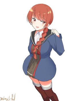 absurdres black_sailor_collar blue_dress braid collared_shirt dress dress_shirt feet_out_of_frame highres kantai_collection long_hair nevada_(kancolle) nevada_kai_(kancolle) one-hour_drawing_challenge red_eyes red_hair red_thighhighs robinson_(day_l_full) sailor_collar shirt simple_background single_braid sleeveless sleeveless_shirt thighhighs white_background white_shirt