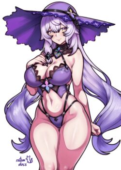 1girl absurdres alternate_costume artist_name bikini black_swan_(honkai:_star_rail) breasts cleavage closed_mouth commentary cowboy_shot english_commentary fingernails hair_between_eyes hand_on_own_chest hat highres honkai:_star_rail honkai_(series) large_breasts long_hair looking_at_viewer multicolored_eyes navel purple_bikini purple_eyes purple_hair purple_hat rotomdocs simple_background smile solo standing stomach swimsuit very_long_hair white_background wide_brim yellow_eyes