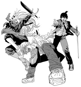 1girl 2boys black_hair black_jacket black_necktie black_pants breasts chainsaw_man clenched_hand collared_shirt commentary_request demon_girl demon_horns denji_(chainsaw_man) fighting_stance furrowed_brow greyscale hair_between_eyes hayakawa_aki highres holding holding_knife holding_sword holding_weapon horns jacket katana knife long_hair medium_breasts monochrome multiple_boys necktie open_mouth outstretched_hand pants pants_rolled_up ponytail power_(chainsaw_man) sharp_teeth shirt shoes short_hair short_ponytail sleeves_rolled_up sneakers squatting sukesukeburger sword teeth tongue tongue_out weapon white_background white_shirt white_shoes