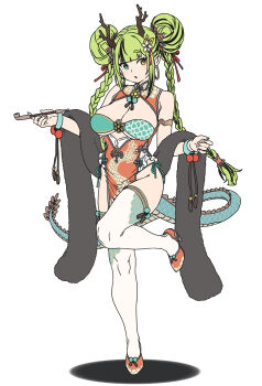 1girl black_hair breasts china_dress chinese_clothes cleavage double_bun dragon_girl dragon_horns dragon_tail dress earrings eastern_dragon_horns eastern_dragon_tail flower full_body green_eyes green_hair green_panties hair_bun hair_flower hair_ornament heterochromia high_heels highres horns houtengeki jewelry kiseru large_breasts long_hair looking_at_viewer multicolored_hair original panties pointy_ears side-tie_panties sleeveless sleeveless_dress smoking_pipe solo standing standing_on_one_leg streaked_hair string_panties tail thighhighs two-tone_hair underwear white_background white_thighhighs yellow_eyes