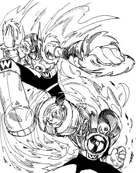 2boys air_man android arm_cannon circular_saw clenched_hand commentary electric_fan helmet highres holding holding_weapon letter_print looking_at_viewer male_focus mega_man_(classic) mega_man_(series) mega_man_2 metal_man monochrome multiple_boys robot saw simple_background takenokonoko v-shaped_eyes weapon wind