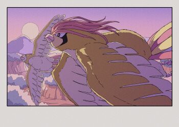 animal_focus beak bird closed_mouth flying gen_1_pokemon highres nintendo no_humans onamuzi_illust outdoors pidgeotto pokemon pokemon_(creature) pokemon_focus purple_sky sky sunset tail wings