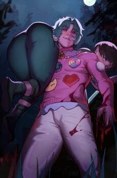 1boy 1girl ass bloody blush boots carrying carrying_person crossover dead_by_daylight green_hair heterochromia highres huge_ass jewelry licking_lips moon necklace night pants rebecca_chambers resident_evil roropull sweater tongue tongue_out trickster_(dead_by_daylight)