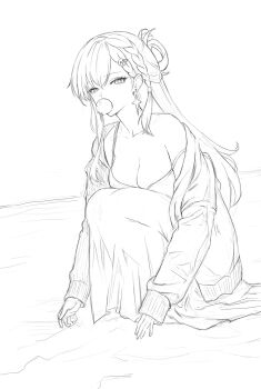 Rule 34 | 1girl, bare shoulders, blowing bubble gum, breasts, chewing gum, cleavage, commentary, ddcc0123, earrings, hair ornament, highres, jewelry, long hair, looking at viewer, lynae (wuthering waves), medium breasts, off shoulder, skull hair ornament, solo, squatting, star (symbol), star earrings, wuthering waves