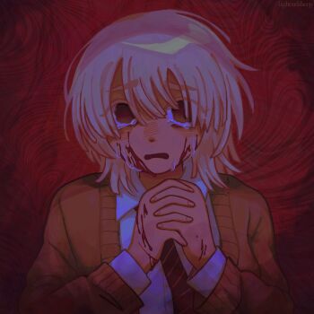 Rule 34 | 1boy, blood, brown cardigan, brown eyes, brown necktie, cardigan, collared shirt, crying, crying with eyes open, cuts, dark, dress shirt, highendsheep, highres, injury, long sleeves, looking at viewer, male focus, necktie, own hands together, red background, sad, saihate eki, scared, shirt, short hair, solo, tatsunami shion, tears, upper body, white hair, white shirt