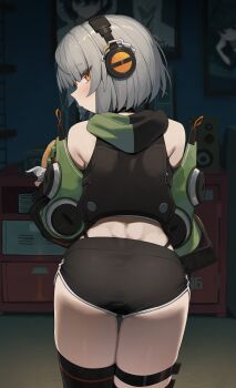 1girl absurdres anby_demara ass black_jacket black_shorts commentary_request dolphin_shorts expressionless from_behind grey_hair headphones highres indoors jacket korean_commentary looking_at_viewer looking_back orange_eyes short_hair shorts solo syhan thighs zenless_zone_zero