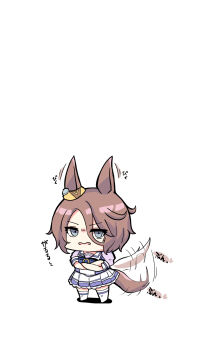 1girl afterimage animal_ears blue_bow bow chibi crossed_arms ear_wiggle full_body grey_eyes hair_between_eyes highres horse_ears horse_girl horse_tail kawamochi_(kawauti919) looking_at_viewer narita_taishin_(umamusume) parted_lips pleated_skirt purple_shirt school_uniform shadow shirt simple_background skirt solo standing tail tail_wagging tracen_school_uniform translation_request umamusume v-shaped_eyebrows wavy_mouth white_background white_skirt