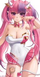 1girl absurdres artist_name blush breasts cleavage covered_navel demon_tail hair_ornament head_wings heart heart_hair_ornament highres horns ironmouse leotard long_hair neck_ribbon parted_lips pink_hair pink_nails pink_ribbon pointy_ears purple_eyes purple_hair ribbon solo strapless strapless_leotard symbol_in_eye tail velvet_noir virtual_youtuber vshojo white_background white_horns white_leotard wings